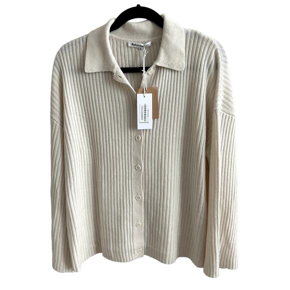 Reformation Fantino Cashmere Collared Cardigan Sweater Gossamer Cream - Picture 2 of 5